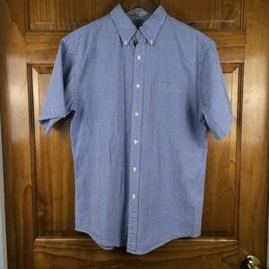 LL Bean Mens Blue Gingham Short Sleeve Button Down Shirt Traditional Fit M